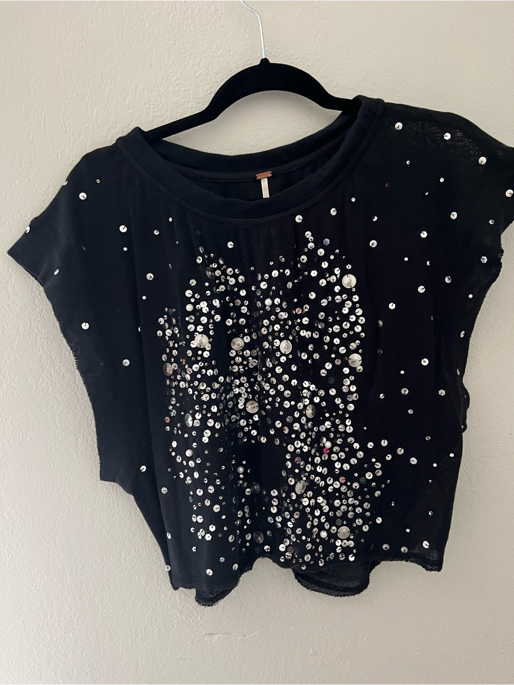Free People Black Sequin Embellished Short Sleeve Top